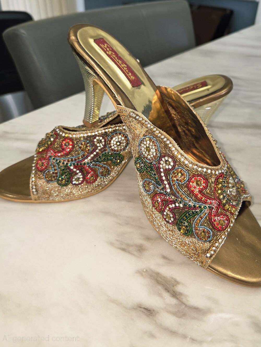 Signature Gold Embellished Beaded Mules with Red and Green Accents